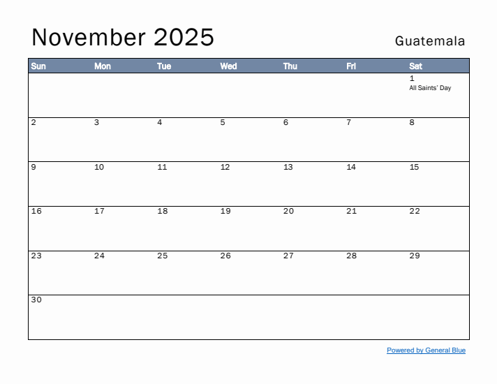 November 2025 Simple Monthly Calendar for Guatemala