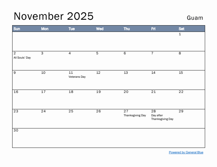 November 2025 Simple Monthly Calendar for Guam