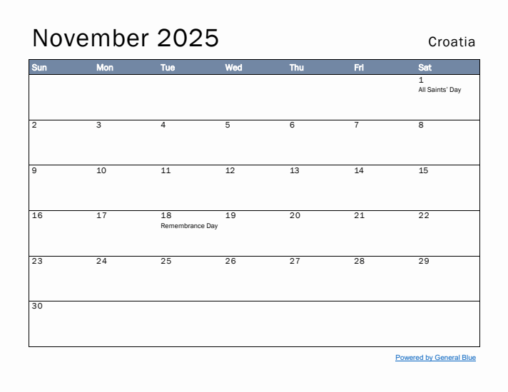 November 2025 Simple Monthly Calendar for Croatia