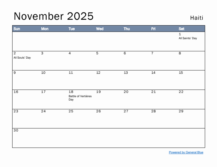 November 2025 Simple Monthly Calendar for Haiti