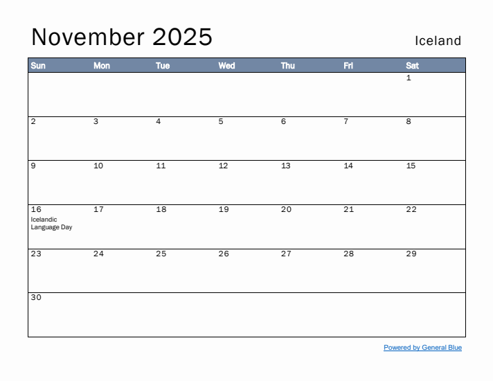 November 2025 Simple Monthly Calendar for Iceland