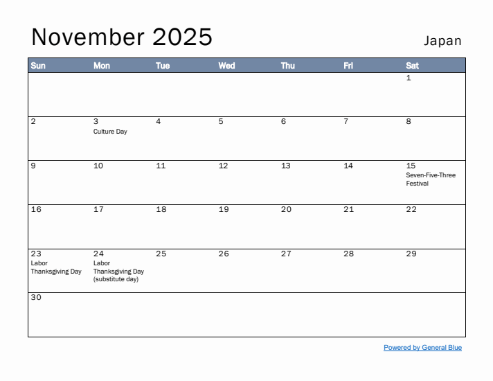 November 2025 Simple Monthly Calendar for Japan