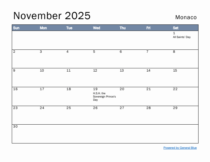 November 2025 Simple Monthly Calendar for Monaco