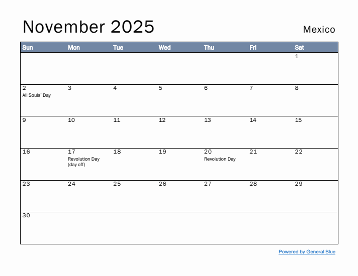 November 2025 Simple Monthly Calendar for Mexico