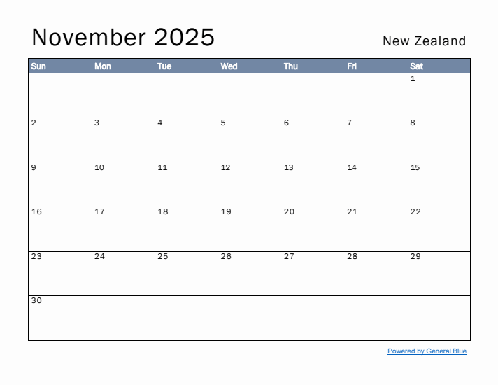 November 2025 Simple Monthly Calendar for New Zealand