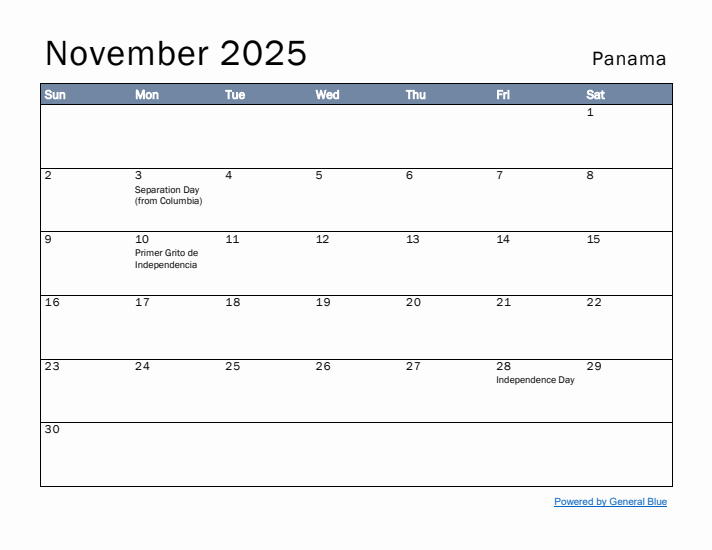 November 2025 Simple Monthly Calendar for Panama