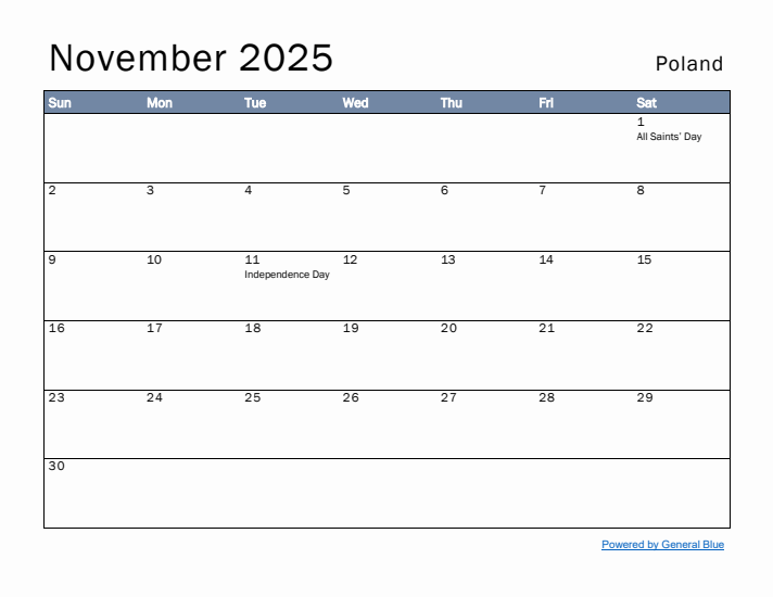 November 2025 Simple Monthly Calendar for Poland