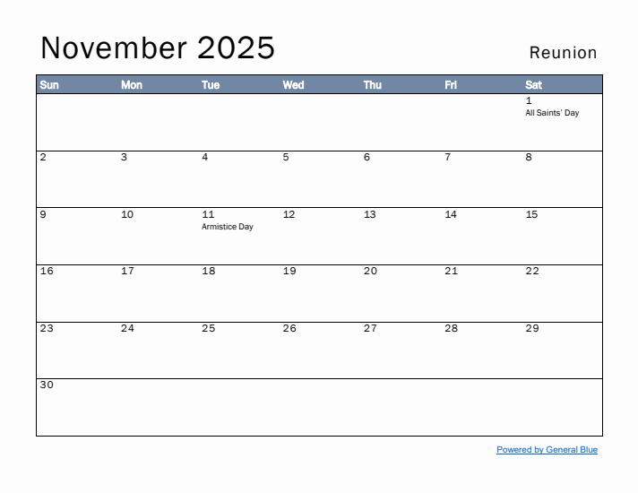 November 2025 Simple Monthly Calendar for Reunion