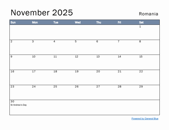 November 2025 Simple Monthly Calendar for Romania