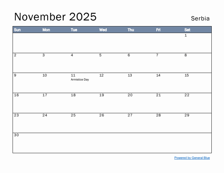 November 2025 Simple Monthly Calendar for Serbia