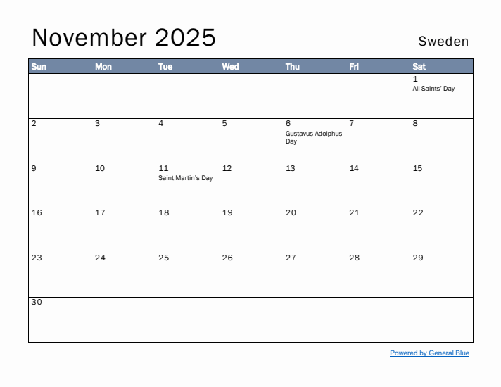 November 2025 Simple Monthly Calendar for Sweden