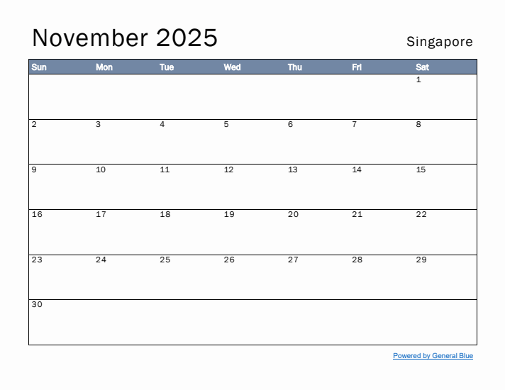 November 2025 Simple Monthly Calendar for Singapore