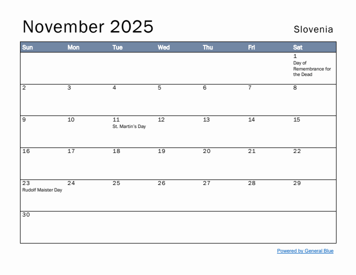 November 2025 Simple Monthly Calendar for Slovenia