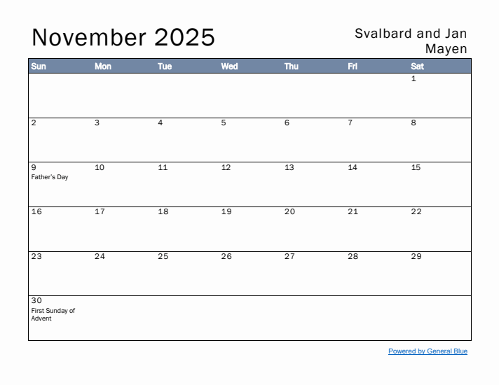 November 2025 Simple Monthly Calendar for Svalbard and Jan Mayen