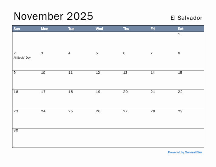 November 2025 Simple Monthly Calendar for El Salvador