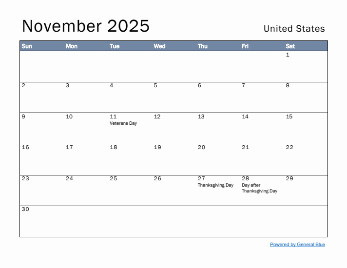 November 2025 Simple Monthly Calendar for United States