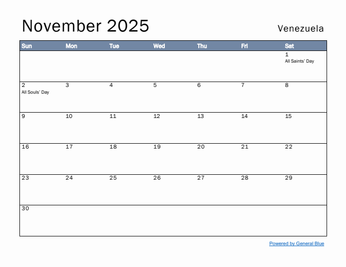 November 2025 Simple Monthly Calendar for Venezuela