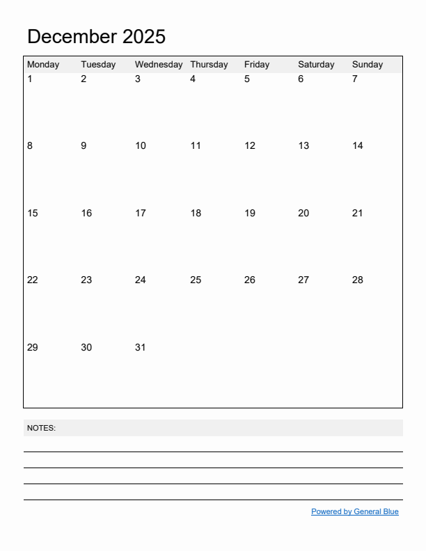 Basic Monthly Calendar Template for December 2025