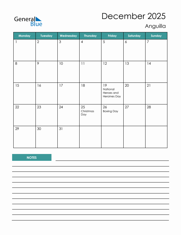 Calendar with Notes Printable - Monday Start