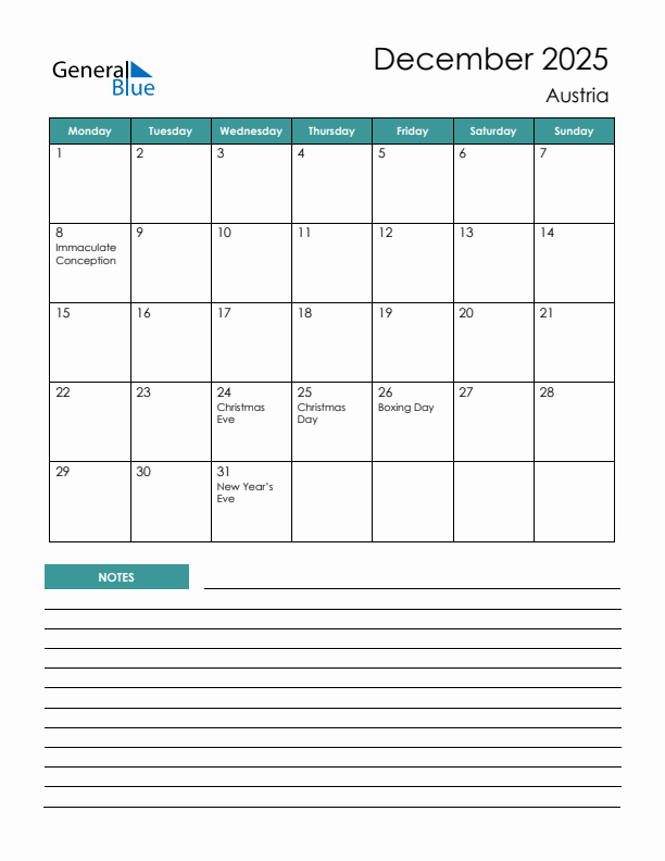 Calendar with Notes Printable - Monday Start