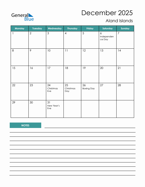 Calendar with Notes Printable - Monday Start