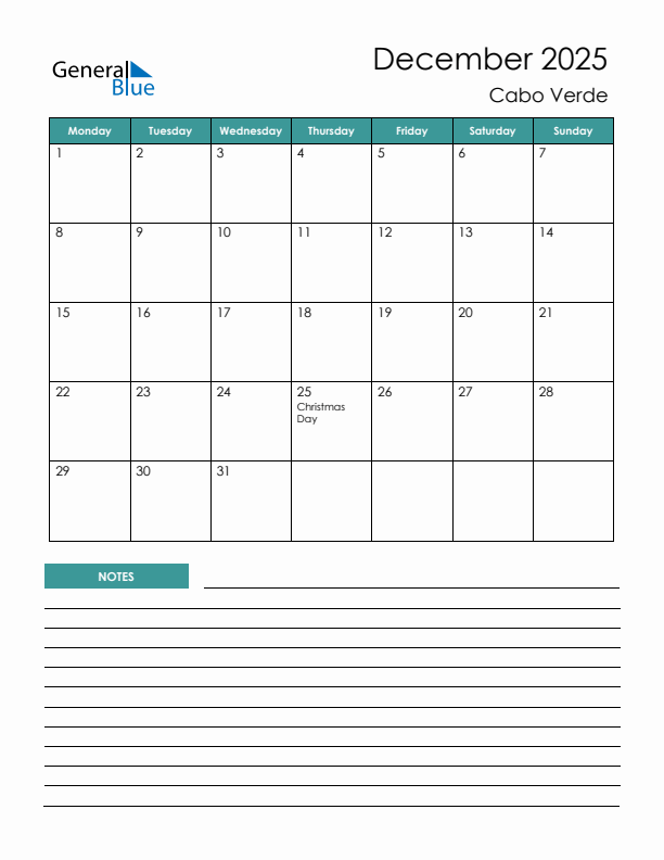 Calendar with Notes Printable - Monday Start