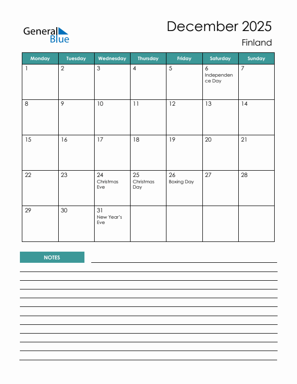 Calendar with Notes Printable - Monday Start