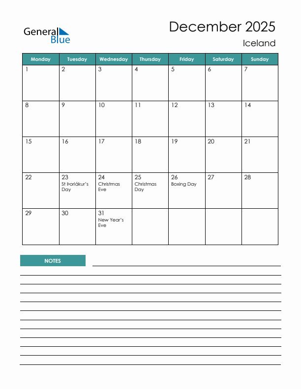 Calendar with Notes Printable - Monday Start