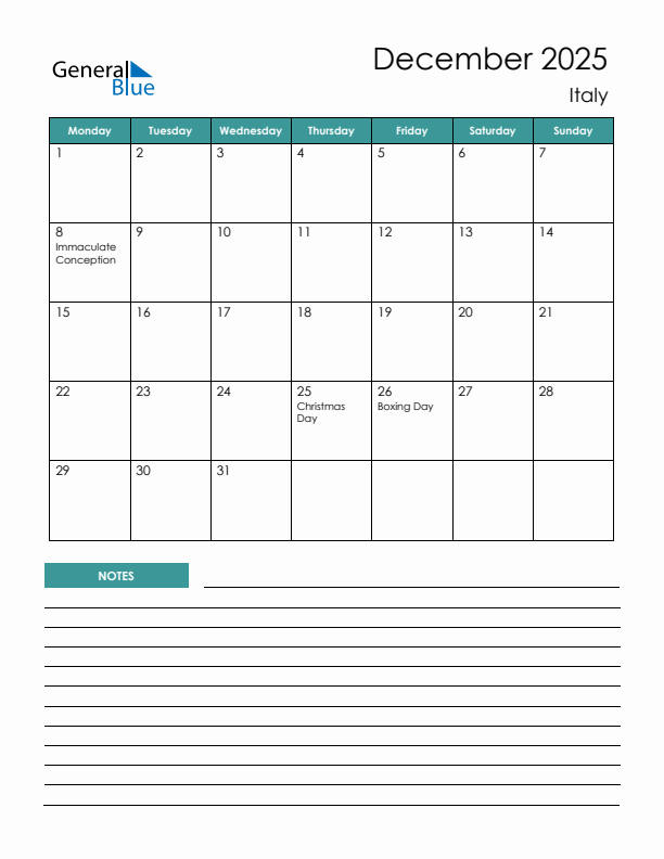 Calendar with Notes Printable - Monday Start