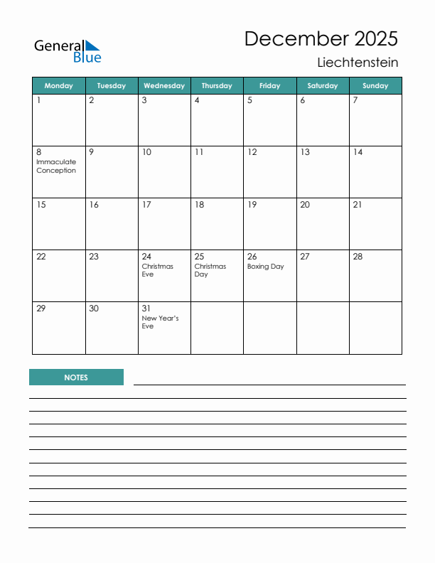 Calendar with Notes Printable - Monday Start