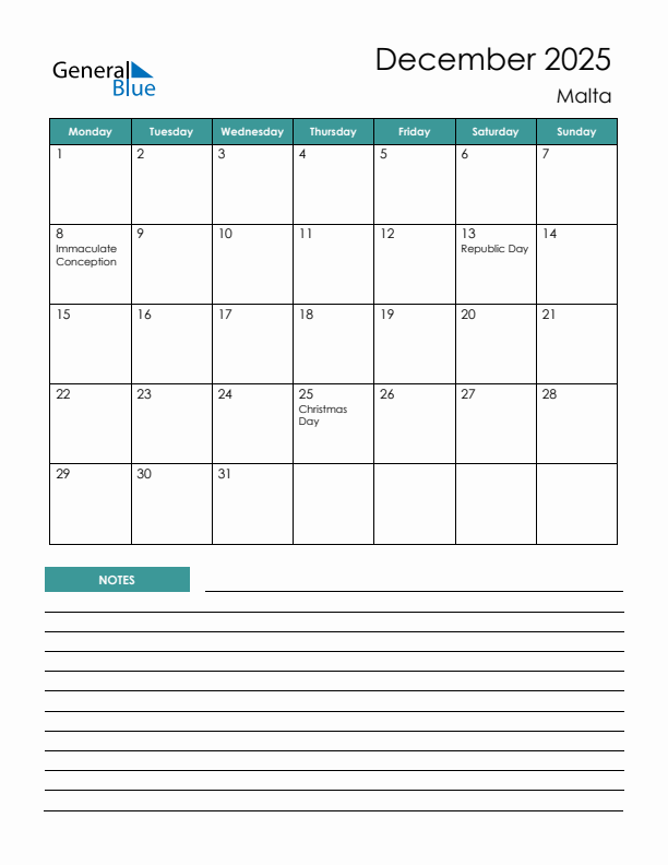 Calendar with Notes Printable - Monday Start