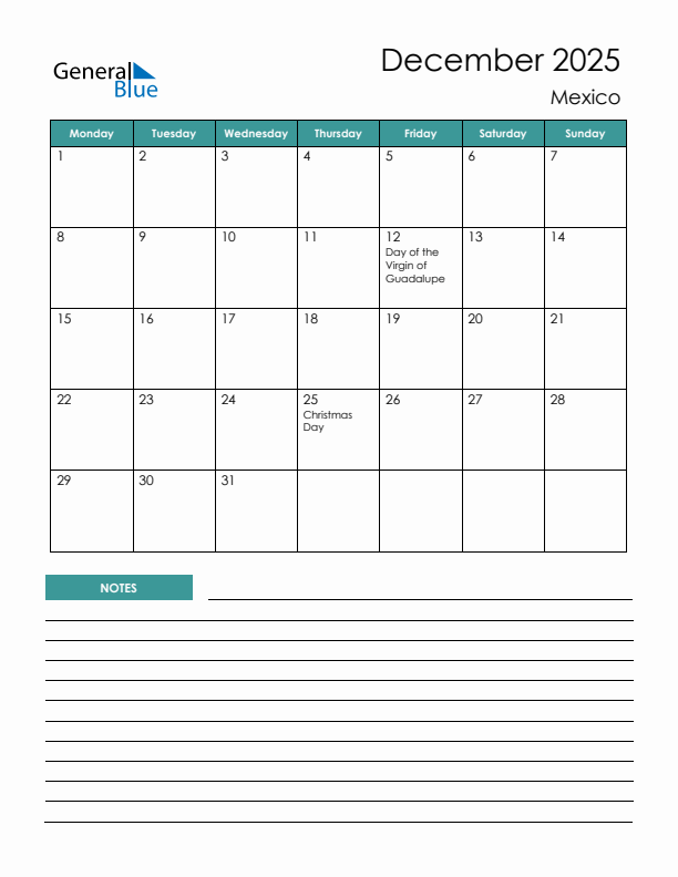 Calendar with Notes Printable - Monday Start