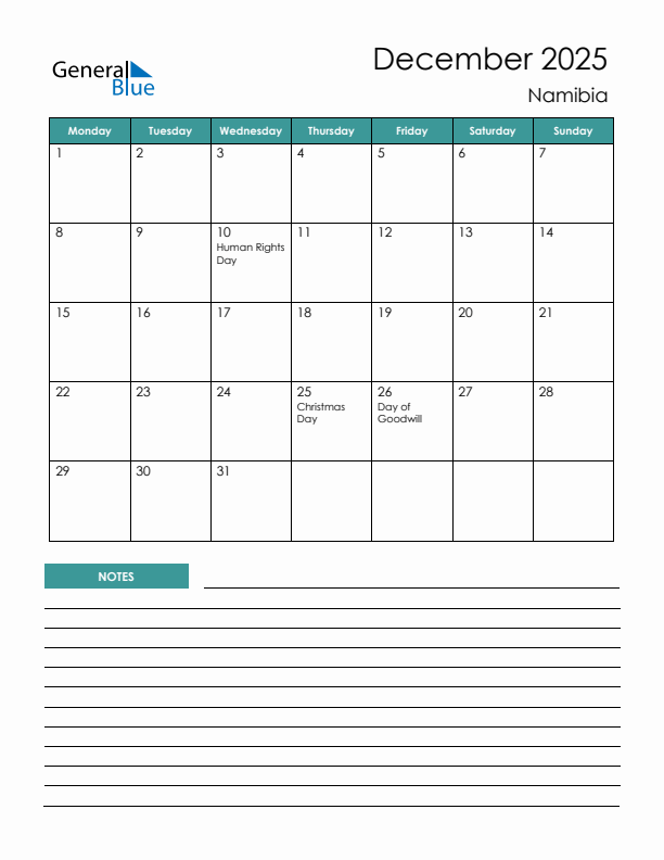 Calendar with Notes Printable - Monday Start