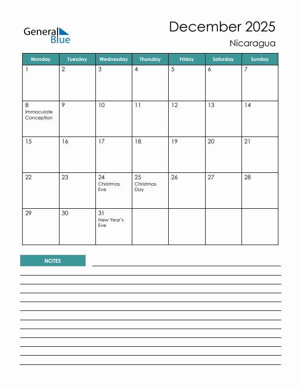 Calendar with Notes Printable - Monday Start