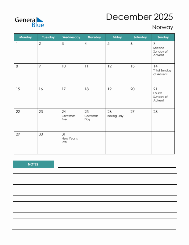 Calendar with Notes Printable - Monday Start