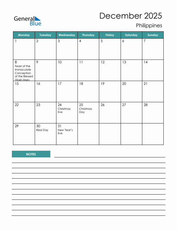 Calendar with Notes Printable - Monday Start