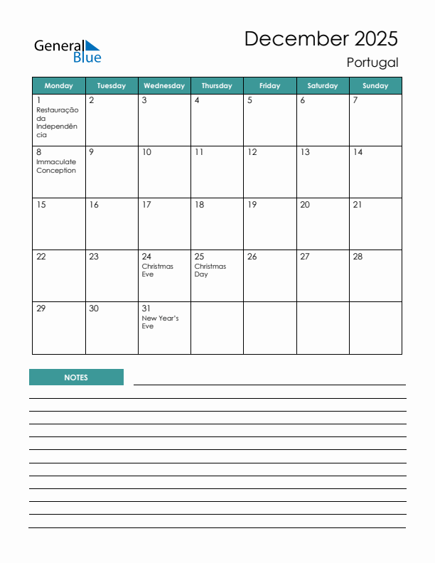 Calendar with Notes Printable - Monday Start