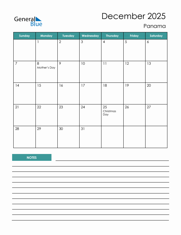 Calendar with Notes Printable - Sunday Start