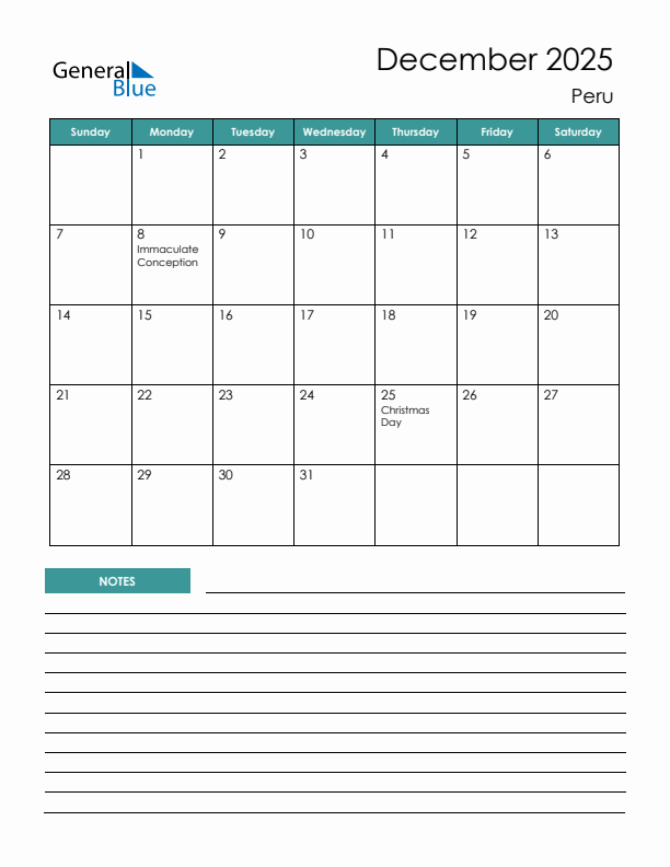 Calendar with Notes Printable - Sunday Start