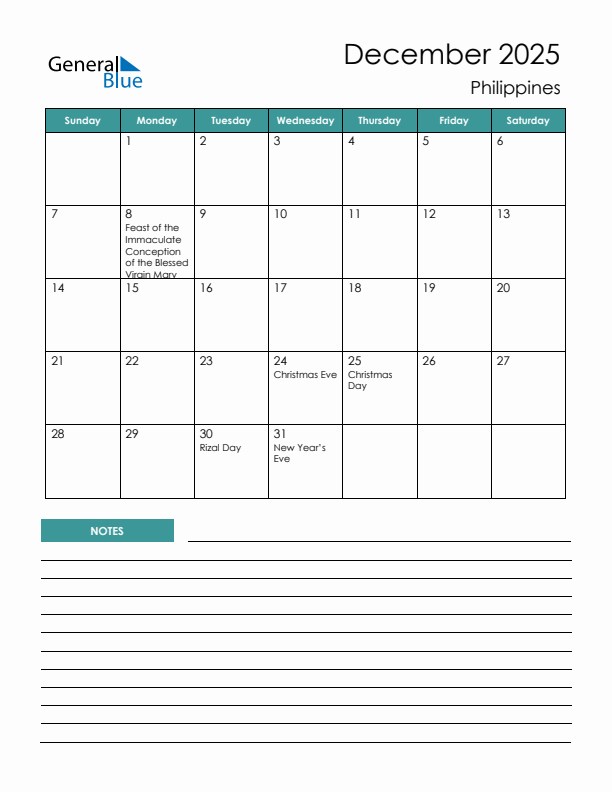 Calendar with Notes Printable - Sunday Start