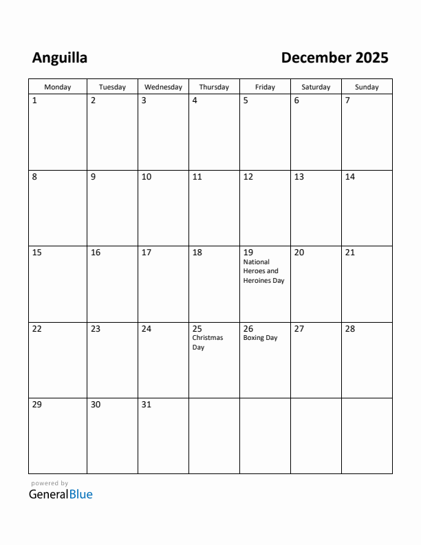 December 2025 Calendar with Anguilla Holidays