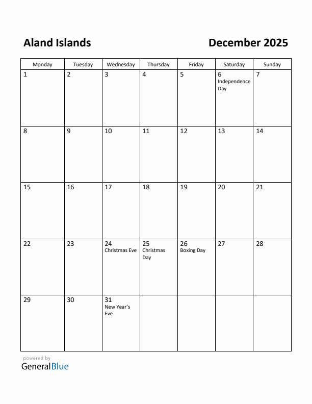 December 2025 Calendar with Aland Islands Holidays