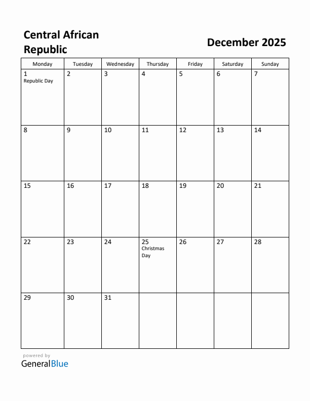 December 2025 Calendar with Central African Republic Holidays