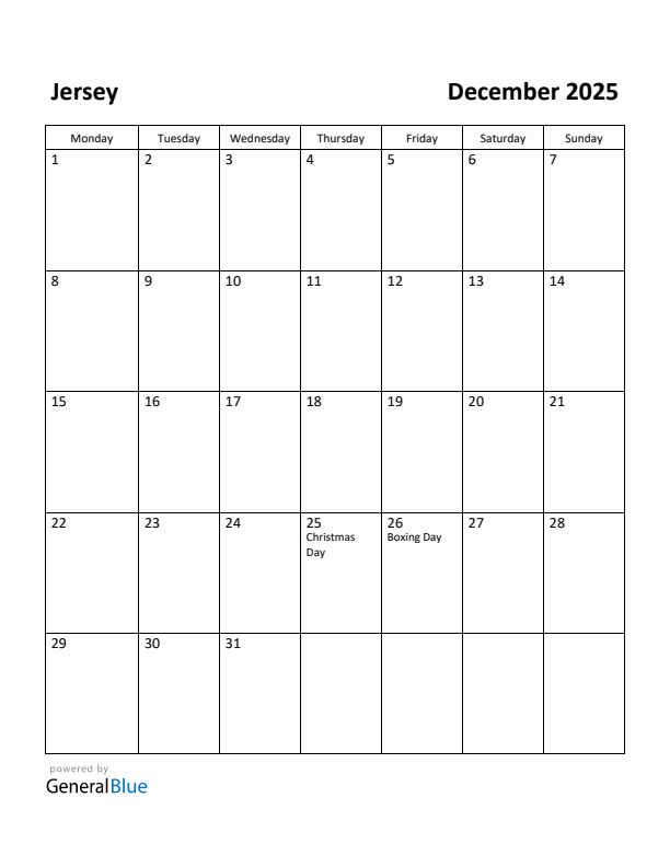 December 2025 Calendar with Jersey Holidays