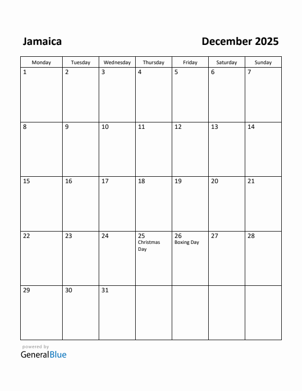 December 2025 Calendar with Jamaica Holidays