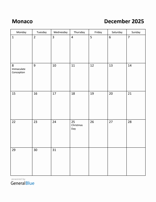 December 2025 Calendar with Monaco Holidays