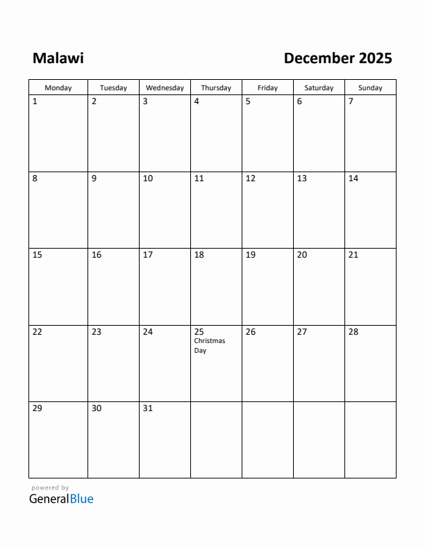 December 2025 Calendar with Malawi Holidays