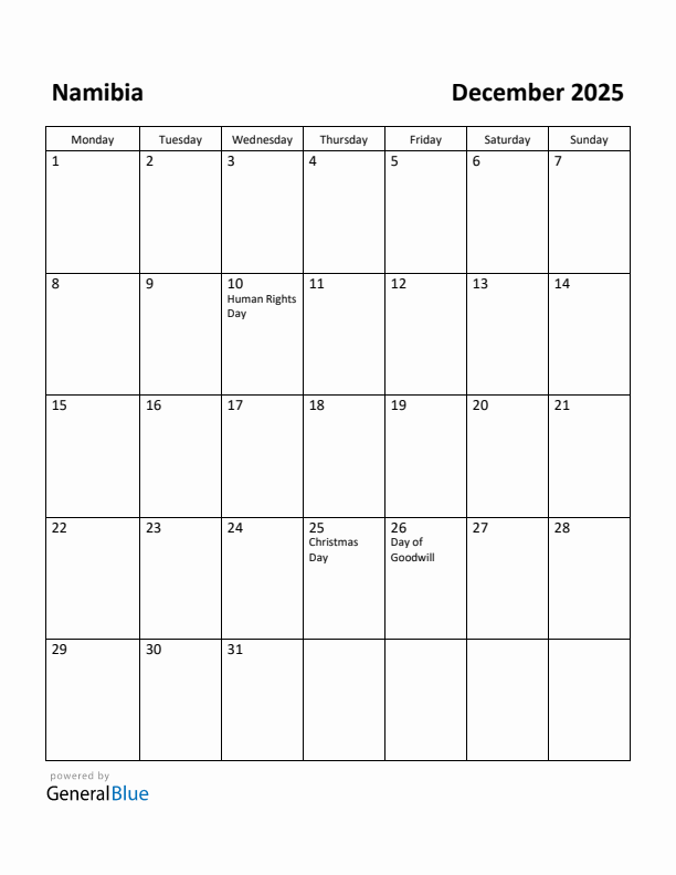 December 2025 Calendar with Namibia Holidays