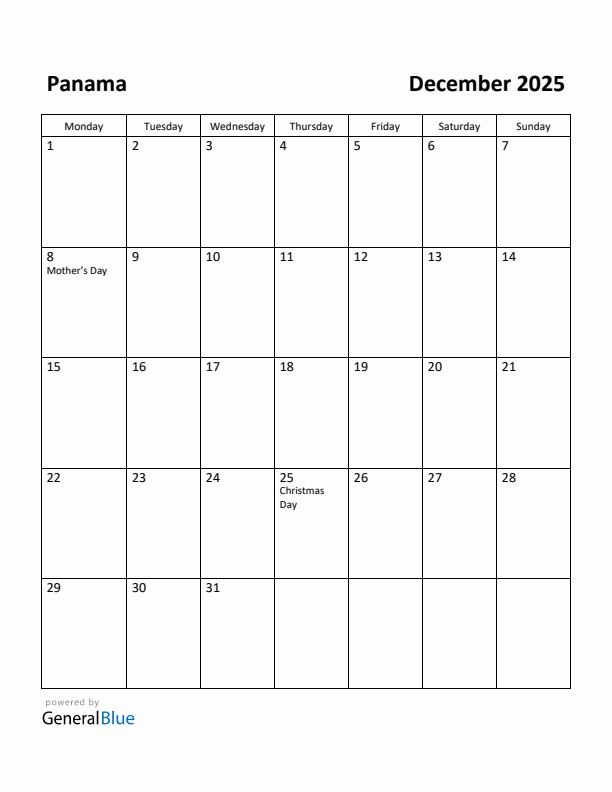 December 2025 Calendar with Panama Holidays