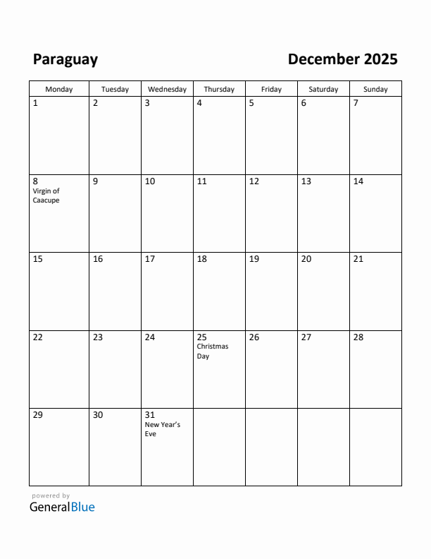 December 2025 Calendar with Paraguay Holidays